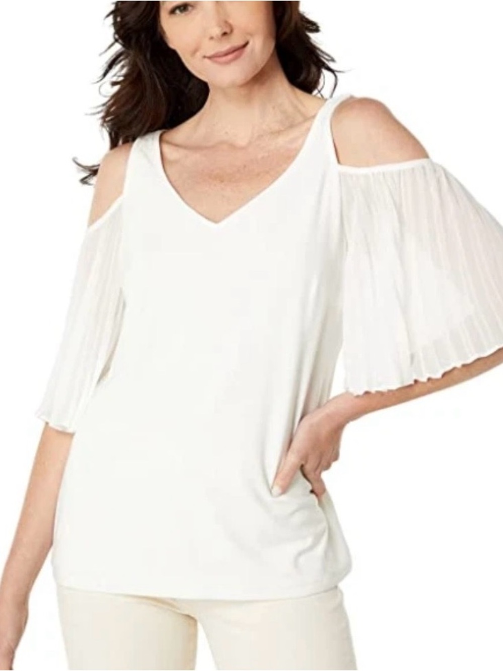 Vince Camuto White V-Neck Cold-Shoulder Top with Pleated Flutter Sleeves Size 2X